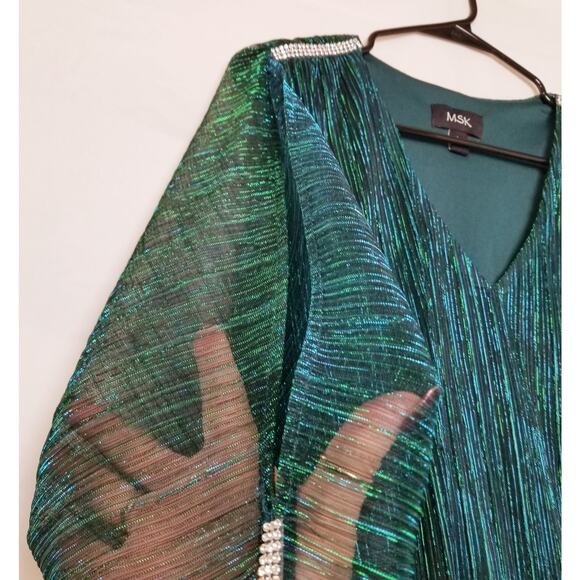 MSK Women's Blue Green Metallic V-Neck Balloon Waist Split Sleeve  Lined Sie L - Picture 4 of 12
